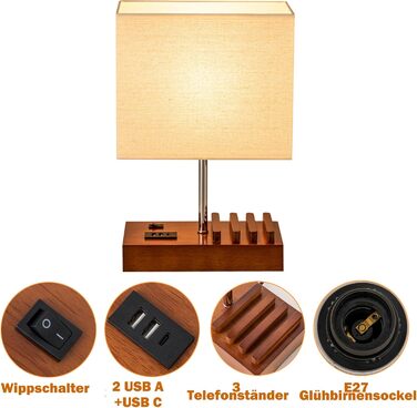 Настільна лампа Dreamholder з 3 USB-портами (A+C), підставкою для телефону, для спальні, вітальні, офісу, з натуральним дерев'яним цоколем та тканинним абажуром (цоколь з горіхового дерева)