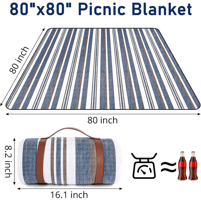 Пікнік-дека Timirock смугаста, 203x203 см, велика, водовідштовхувальна, складана, для пляжу, кемпінгу, відпочинку на природі (блакитно-біла)