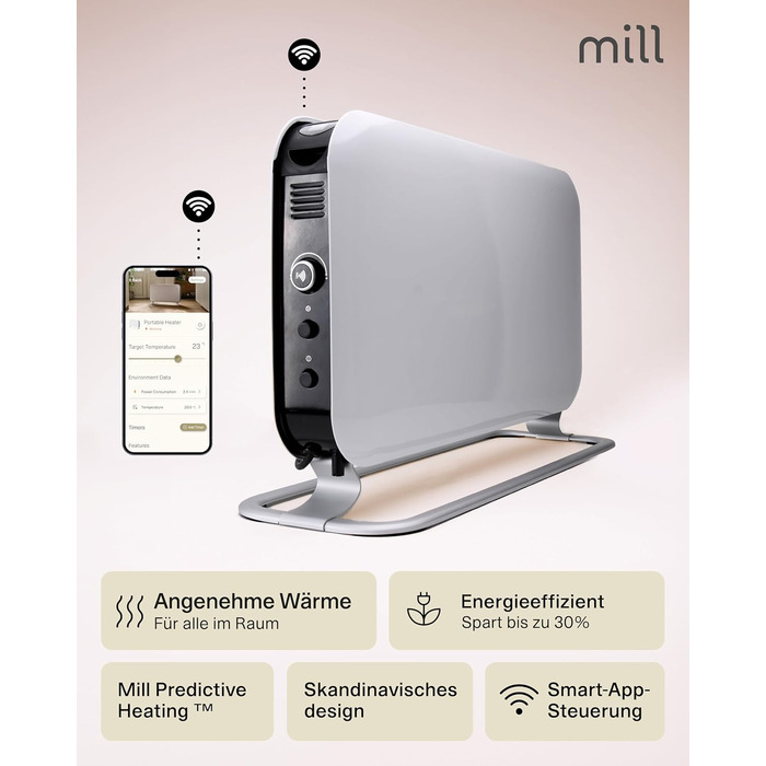 Електричний конвекторний обігрівач Mill 1200W, 14-18 м², Wi-Fi, енергозберігаючий, білий
