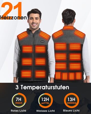 Електрична гріюча жилетка Buba Toys для чоловіків з Powerbank 20000mAh, 21 зона нагріву, 3 режими, для катання на лижах, піших прогулянок та активного відпочинку, XL, сіро-чорний колір