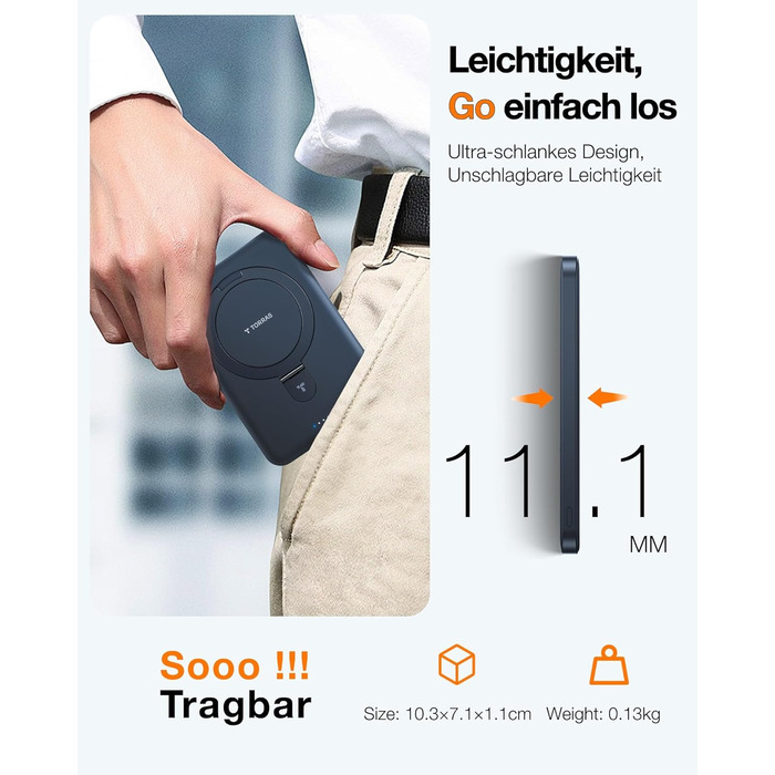 Портативний зарядний акумулятор TORRAS 5000mAh з MagSafe, USB-C, 22.5W PD, для iPhone 17 Pro Max та інших моделей, чорний