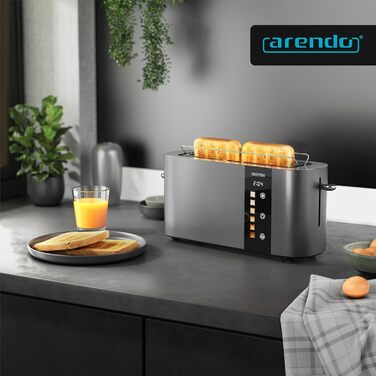 Тостер Arendo з нержавіючої сталі, 2 відділення, довгий проріз, сенсорний дисплей, подвійні стінки, насадка для тостів, 6 ступенів підсмажування, центрування хліба, індикатор часу, функція пам'яті, чорний (B: Cool Grey)