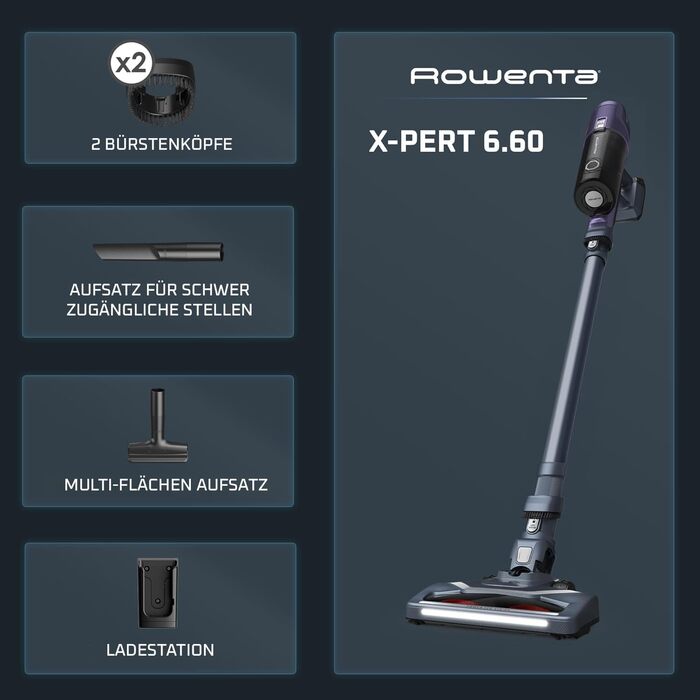 Пылесос Rowenta X-Pert 6.60 Essential аккумуляторный, 100 Вт, 45 мин работы, без мешка, LED-насадка, съемный аккумулятор, насадка для щелей и держатель для стены, фиолетовый/черный, RH6838 X-Pert 6.60 Essential лиловый/серый