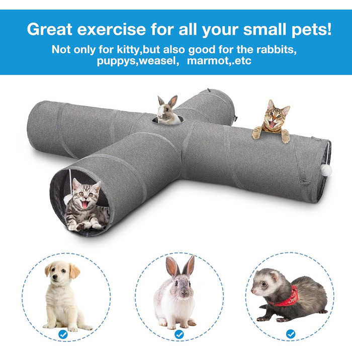 Cat Tunnel Toy, 4-Way Collapsible Cat Tunnel for Indoor Cats, Interactive Peek Hole, Pet Tunnel with Cat Wand Toy