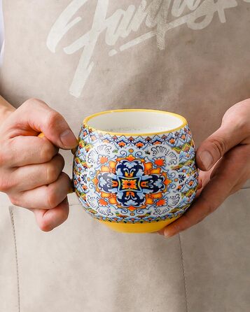 HENXFEN Cappuccino Cup Set, 600ml Porcelain Coffee Cups with Handle, Set of 6 Porcelain Cups for Tea, Coffee, Milk, Cappuccino with Pattern and Colorful - Bohemian Style