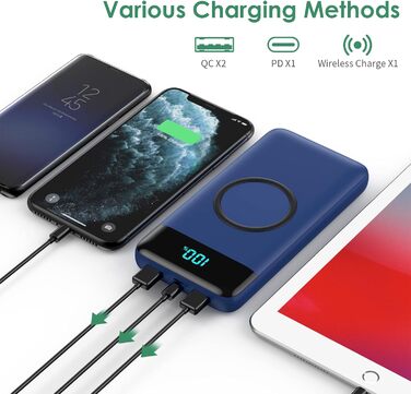 Бездротовий Power Bank 26800mAh 25W PD3.0 + QC4.0, зовнішній акумулятор з LCD-дисплеєм та швидкою зарядкою 15W, 4 USB-порти, для iPhone, Samsung, Huawei, Oppo — Синій