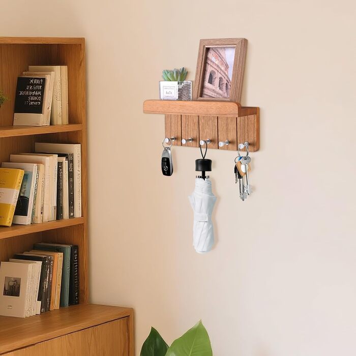 Дерев'яне ключниця з полицею, 5 гачків, для прихожей, кухні, спальні (колір: коричневий)