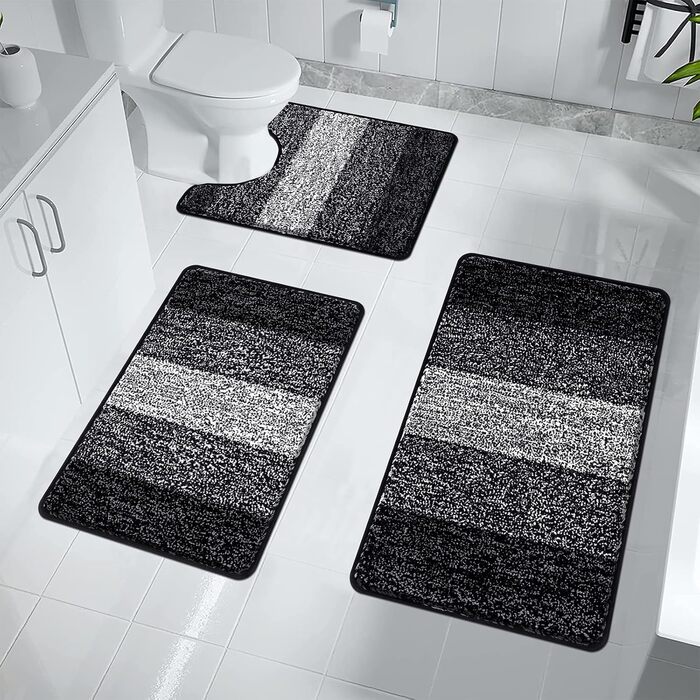 Enyhom 3-Piece Microfiber Bath Mat Set - Non-Slip Bathroom Rugs & Toilet Lid Cover - Soft & Washable (Black, 45x65cm, 50x80cm, 50x60cm)