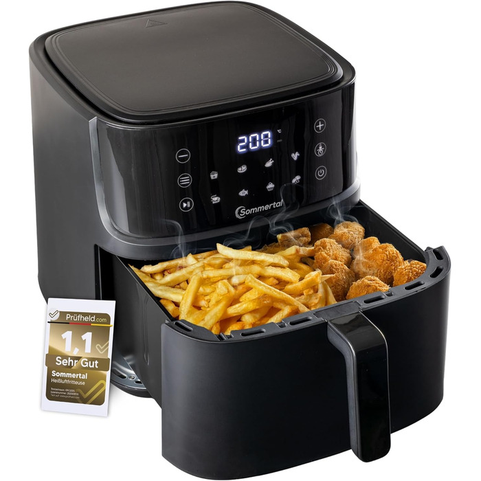 Фритюрниця повітряна Sommertal HF760-7,6L XXL з сенсорним екраном, 8 програм, 2000 Вт - енергозберігаюча та здорова, велика фритюрниця