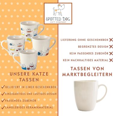 Spotted Dog Gift Company Coffee Mug with Cat Design, Ceramic Mug Set, Cute Coffee Mugs, Cat Kitchen Accessories, Gifts for Cat Lovers, Cat Mom, 4 x 380ml