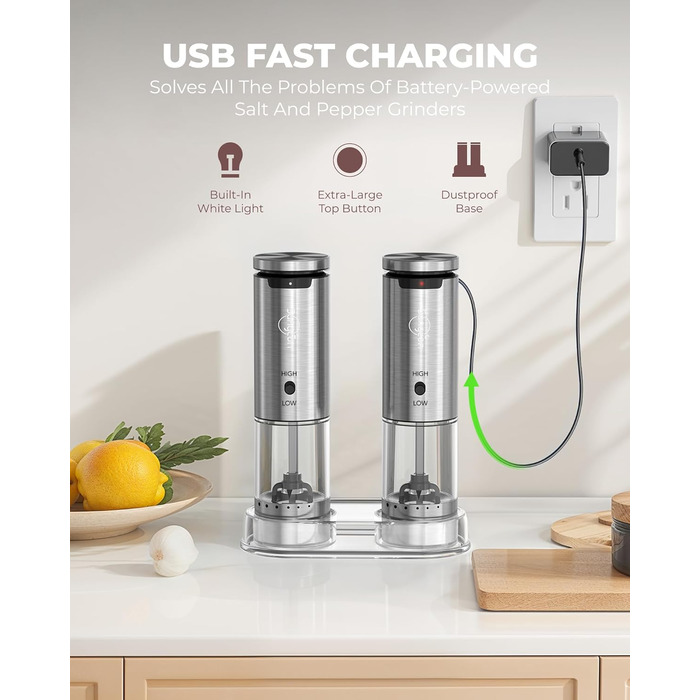 Sangcon Electric Salt and Pepper Grinder Set, 2 Speeds Rechargeable, 6 Externally Adjustable Grind Settings, Automatic Salt and Pepper Grinder Set with Storage Base, One-Hand Operation