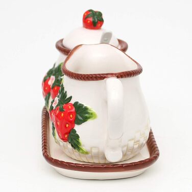 Dolomite sugar bowl with spoon, milk jug, and plate as a 3-piece set, with strawberry relief, size approx. 19 x 10.5 cm, 12