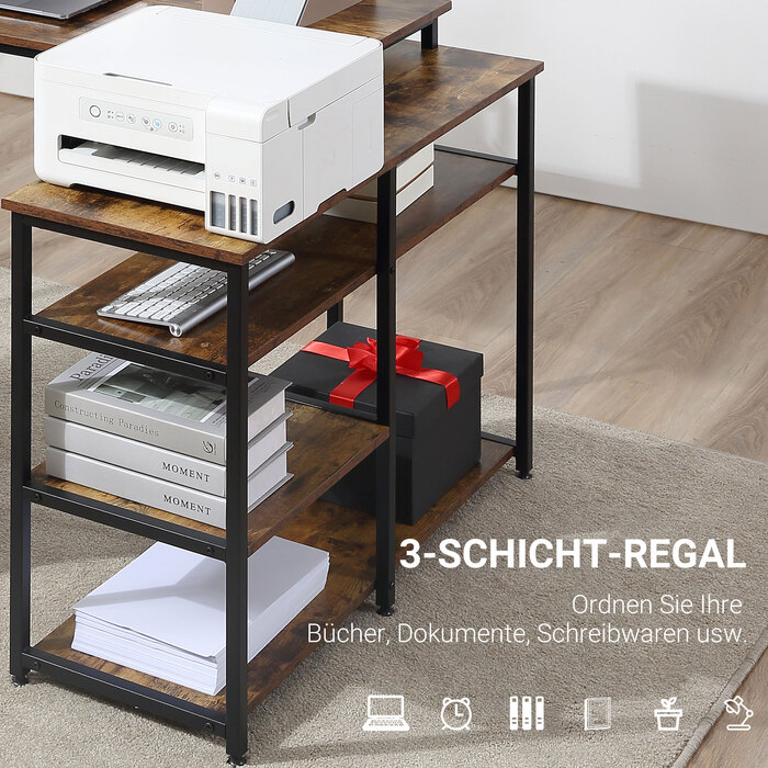 HOMCOM L-Shaped Corner Desk, PC Table with Shelf and Drawer, 135x90x79cm, Rustic Brown, Particleboard & Metal, for Office & Home Office