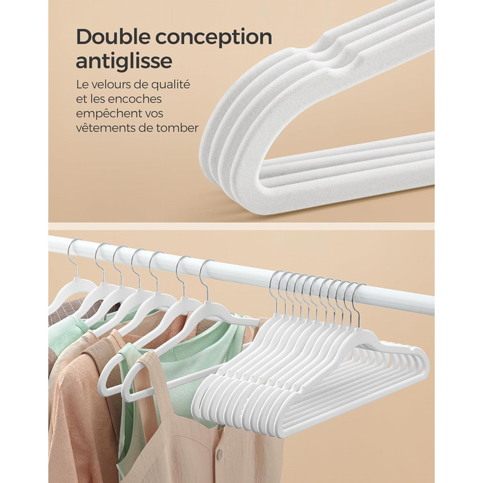 SONGMICS Плечики для одягу з оксамиту, 20 шт., для сорочок, жакеток, пальто та костюмів, білі, 41,5 см, обертаються на 360°