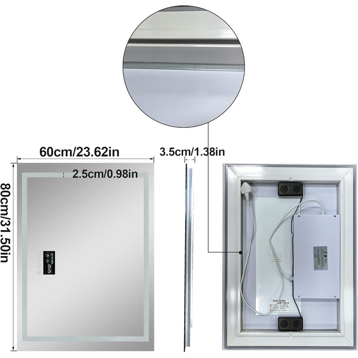 Дзеркало для ванної кімнати LUVODI з підсвічуванням: 100x70 см, годинник, температура, дата, антизапар, регулювання яскравості, 3 кольори світла, функція пам'яті, LED, водонепроникне, Bluetooth