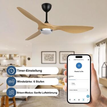 Стеляний вентилятор Reiga з підсвіткою та пультом керування, діаметр 132 см, тихий реверсивний мотор, 6 швидкостей, таймер, регульована яскравість та 3 колірні температури, коричневі лопаті