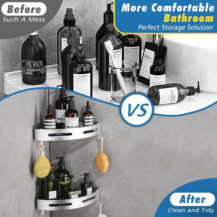 GRICOL Shower Caddy Corner Shelf Shower Shelf No Drilling Metal with 4 Hooks Shower Storage Bathroom Shelf with Adhesive Bathroom Shelf for Bathroom and Kitchen 2 Tiers Silver