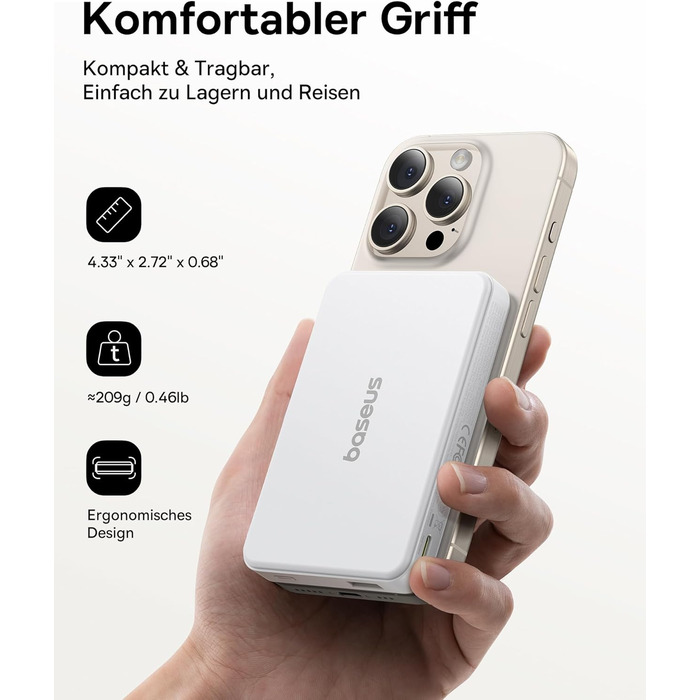 Power Bank Baseus 10000mAh з MagSafe Qi2, 22.5W PD, USB-C, Білий