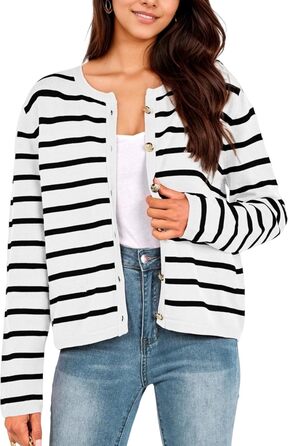 Жакет жіночий короткий з 2 кишенями на ґудзиках, смугастий, в'язаний, кардиган, мода, осінь (L, білий)
