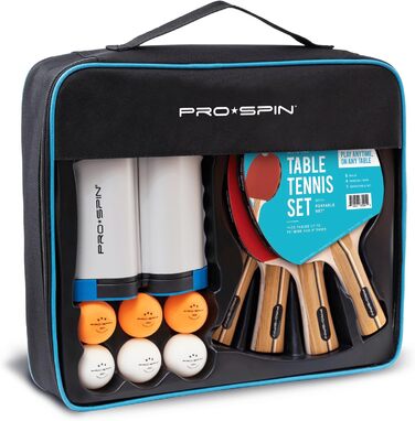 PRO SPIN Table Tennis Set with Net - Mobile Table Tennis Net, 3-Star Table Tennis Balls, Case & Paddles | Perfect Gift Set for 4 Players