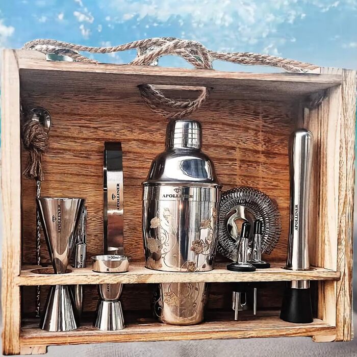 Cocktail Shaker, Professional Cocktail Shaker Set, Stainless Steel, 16 Pieces, Wooden Carrier, Easy to Carry, for Storing Aperitifs, Cocktail Set (16)