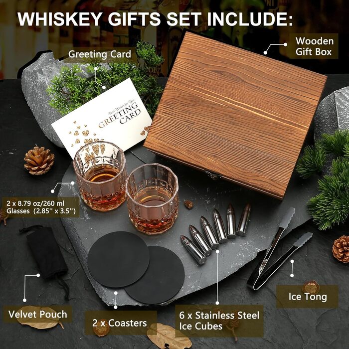 Набір віскі Sovyime: 2 склянки та 6 каменів для віскі. Подарунок для чоловіків, на день народження, річниця, для партнера, батька