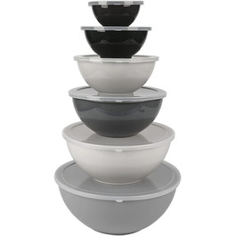 Набір місок для перемішування BoxedHome з кришками, 12 штук. Пластикові салатники з неслизьким дном, набір для кухні (6 місок та 6 кришок, сірий градієнт)
