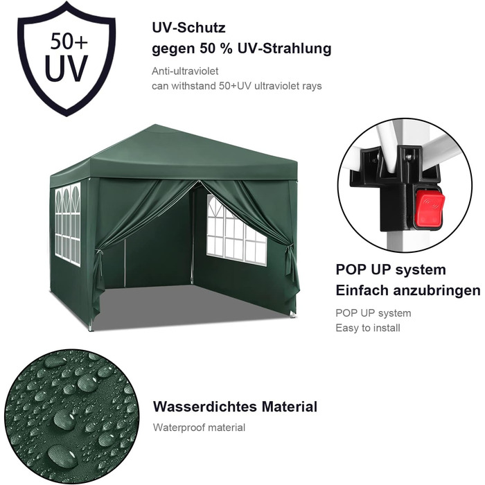 Павільйон WOLTU Pop-Up водонепроникний складаний тент 3x3 м із боковинами, металевий каркас, оксфорд, для саду, тераси, кемпінгу, фестивалів, зелений