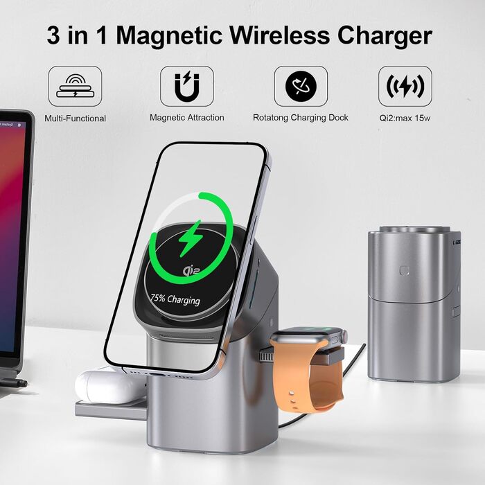 Зарядна станція QI2 3-в-1: бездротовий зарядний пристрій для iPhone, AirPods, iWatch з охолодженням та тримачем, 33W адаптер, срібний