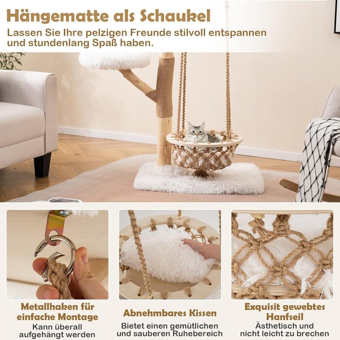 Дерев'яний кігтеточки COSTWAY для котів з гамаком, мотузкою, натуральними гілками та стійкою з джуту, 2 стійки та платформа, кігтеточки для котів, кліматична вежа, натуральний+білий (123 см)
