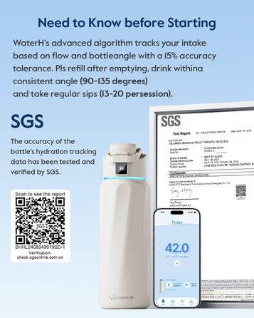 Розумна пляшка для води WATERH Boost з нагадуванням та трекером, 946 мл, нержавіюча сталь, подвійні стінки, широке горлечко, білий колір