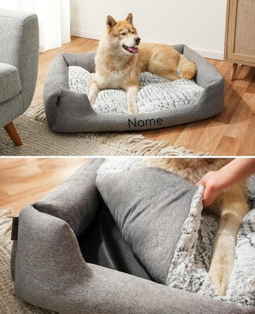 Lionto Dog Basket with Fluffy Reversible Cushion, Cozy Pet Bed in Melange Design with Deep Entry for Dogs & Cats of All Sizes, 80x60 cm, Soft Dog Bed, (Grey, L 110 x W 80 x H 28 cm (with name tag))