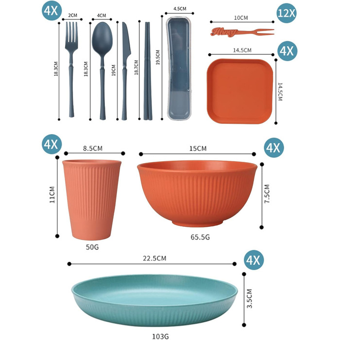 Набір посуду 48 шт. незламний, багаторазовий для кемпінгу, пікніка, барбекю. Пластиковий посуд: тарілки, миски, столові прибори. Яскравий колір.