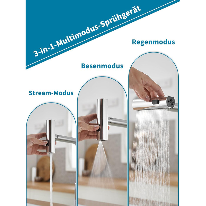 Кухонний змішувач Schwarz Waterfall з висувною лійкою та 3 режимами струменя, поворотний на 360°, з гальванічним покриттям сріблястого кольору