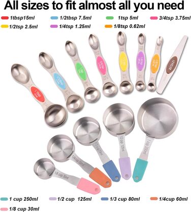 Magnetic measuring cup and spoon set, stainless steel, 5 cups and 7 spoons, with leveler (multicolored)