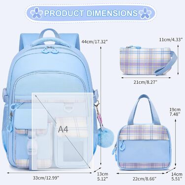 KEBEIXUAN Шкільний рюкзак для дівчаток | Милий рюкзак для початкової школи (1-5 класи) | Дихаючий, водовідштовхуючий рюкзак для дівчаток + ізольована сумка для обіду + пенал, блакитний
