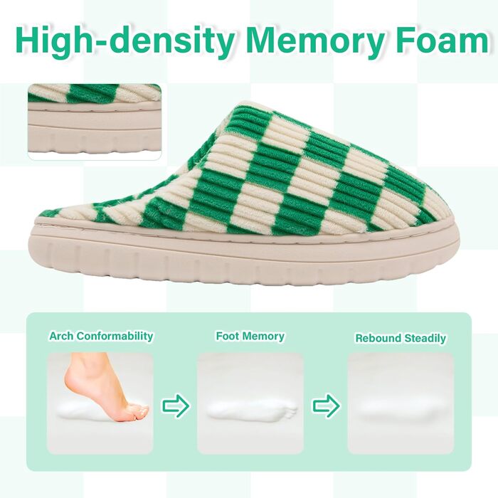 Тапочки додому жіночі та чоловічі, плюшеві, з піною Memory, в клітинку, з антиковзкою підошвою, теплі, з підкладкою з хутра, 40/41 EU, зелені