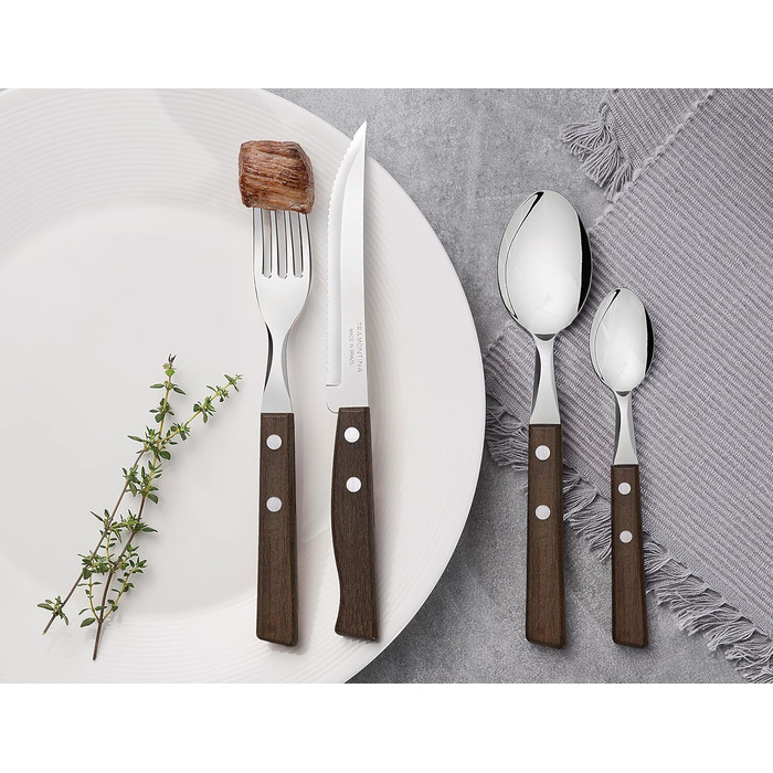 Tramontina TRADICIONAL Cutlery Set for 6 Persons, 24-Piece, Steak Cutlery, Serrated Steak Knives, Dinner Forks, Dinner Spoons, Coffee Spoons, Natural Wood Handles