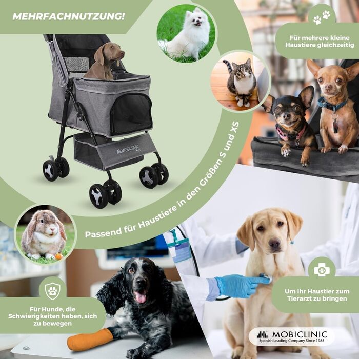 Mobiclinic® Pet Folding Dog Cart - 15kg Capacity, Small Dogs, Zuma Wheels with Brakes, XXL Storage Basket, 3 Zipper Windows & Mosquito Net, Cup Holder, Grey
