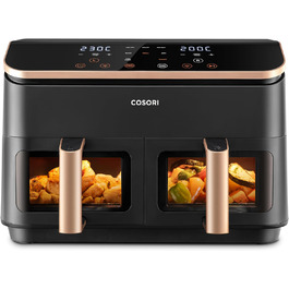 Cosori Dual Basket Air Fryer with 2 Chambers, 6-in-1 Dual Zone Air Fryer XXL 8.5L, Hot Air Fryer with Double Chamber and Viewing Window for Complete Meals, 50 Recipes, Energy-Saving Gold Dual Basket
