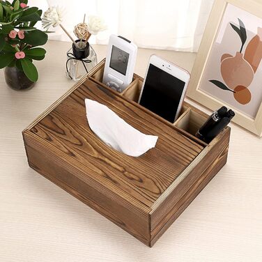 SUMTREE Vintage Rectangular Tissue Box Holder made of Wood with 3 Compartments for Stationery, Remote Controls, Tissue Dispenser Storage Box, Tissue Organizer, Decor (Brown, Large)