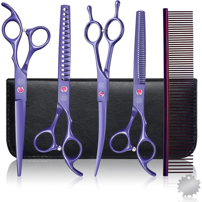 Професійний набір ножиць для грумінгу собак Moontay 7 дюймів: ножиці для грумінгу, випрямні, зігнуті, для розрідження, фіолетовий