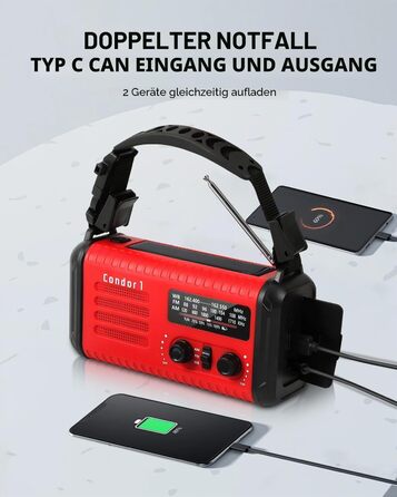 Радіо Kurbelradio 20000mAh сонячне з ручним заводом, AM/FM, SOS, LED-ліхтарик, USB зарядка для телефону, аварійне радіо при відключенні електроенергії (Червоне)