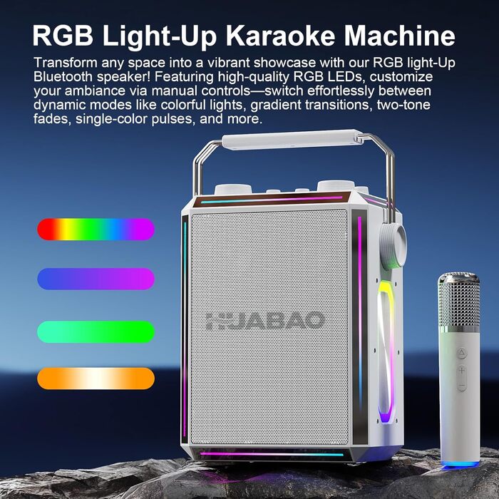 Портативна Bluetooth-колонка караоке з 2 бездротовими мікрофонами, RGB-підсвічуванням, регулюванням високих та низьких частот, ефектами голосу, AUX/USB/TF/OTG, 6,5 мм роз'єм, для вечірок (біла)