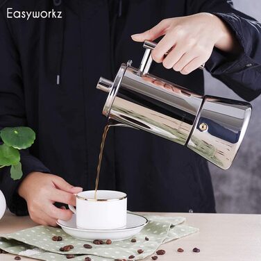 Easyworkz Diego Espresso Maker for Stove, Stainless Steel, Italian Coffee Machine, Moka Pot for 6 Cups, 300 ml Espresso Pot for Induction Silver