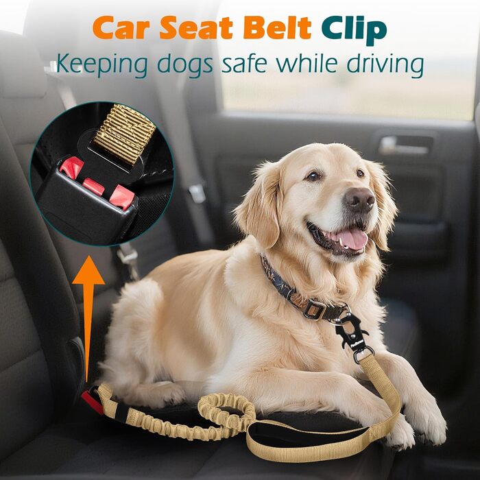 Міцна тактична повідок для собак PetBonus, 1,5м, еластична, з 2 м'якими ручками, страхувальний ремінь для авто, нашийник-антавка для дресирування, для великих та середніх собак (Армійний зелений, Хакі)