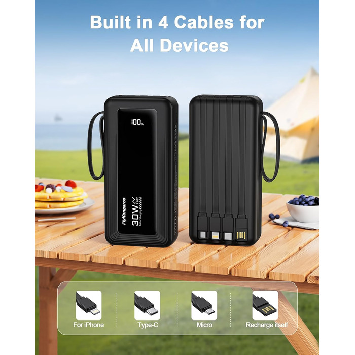 Повербанк з 4 вбудованими кабелями 27000mAh 30W USB-C швидка зарядка, зовнішній акумулятор з LED-дисплеєм для iPhone, Samsung, iPad та Android (Чорний)