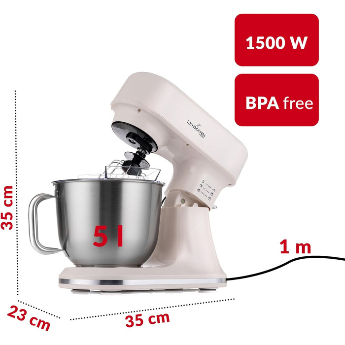 Кухонна машина Lehmann з дисплеєм, 1500 Вт, 12 швидкостей, функція ферментації з підігрівом, вбудовані ваги, таймер, чаша 5 л та 3 насадки-мішалки, Бежевий