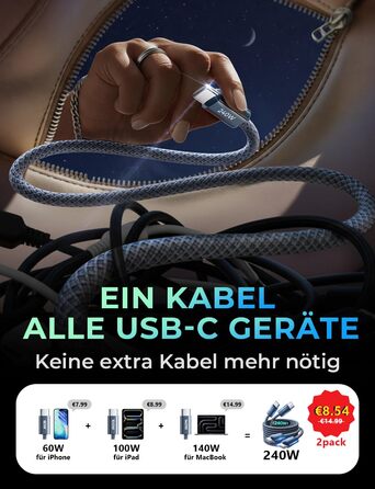 Кабель USB-C 2 шт. LISEN 240W, 2 метри, темно-синій. Сумісний з Samsung Galaxy S24 Ultra, MacBook Pro/Air, Galaxy S25/S23, iPhone 17/16/15 Pro, iPad Pro/Air