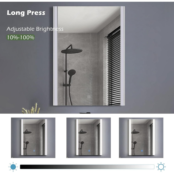 Дзеркало для ванної кімнати CLIPOP з підсвічуванням LED, сенсорне управління, IP44, 3 кольори світла, 40x50 см